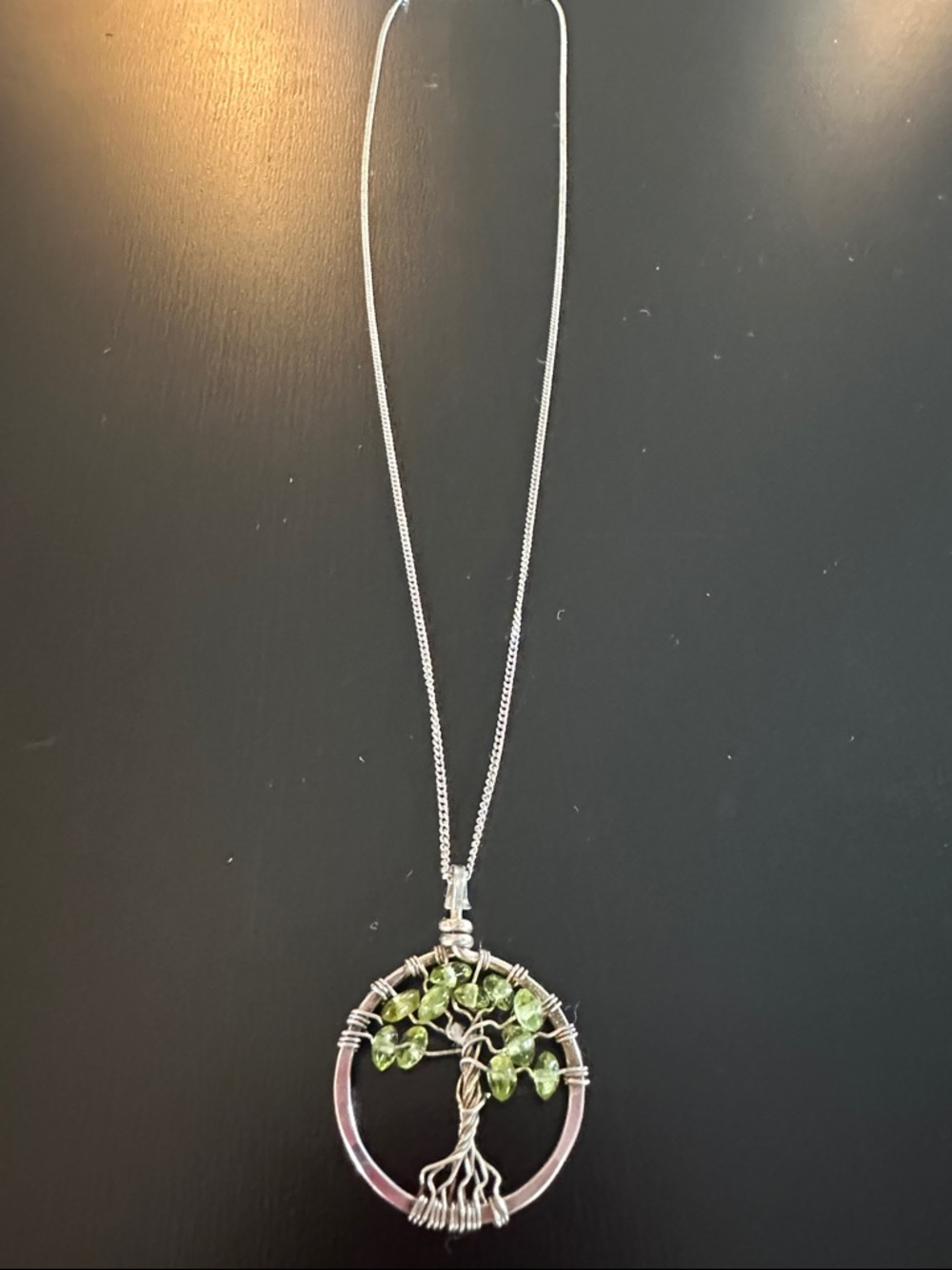 Silver Green Glass Tree Pendant Necklace